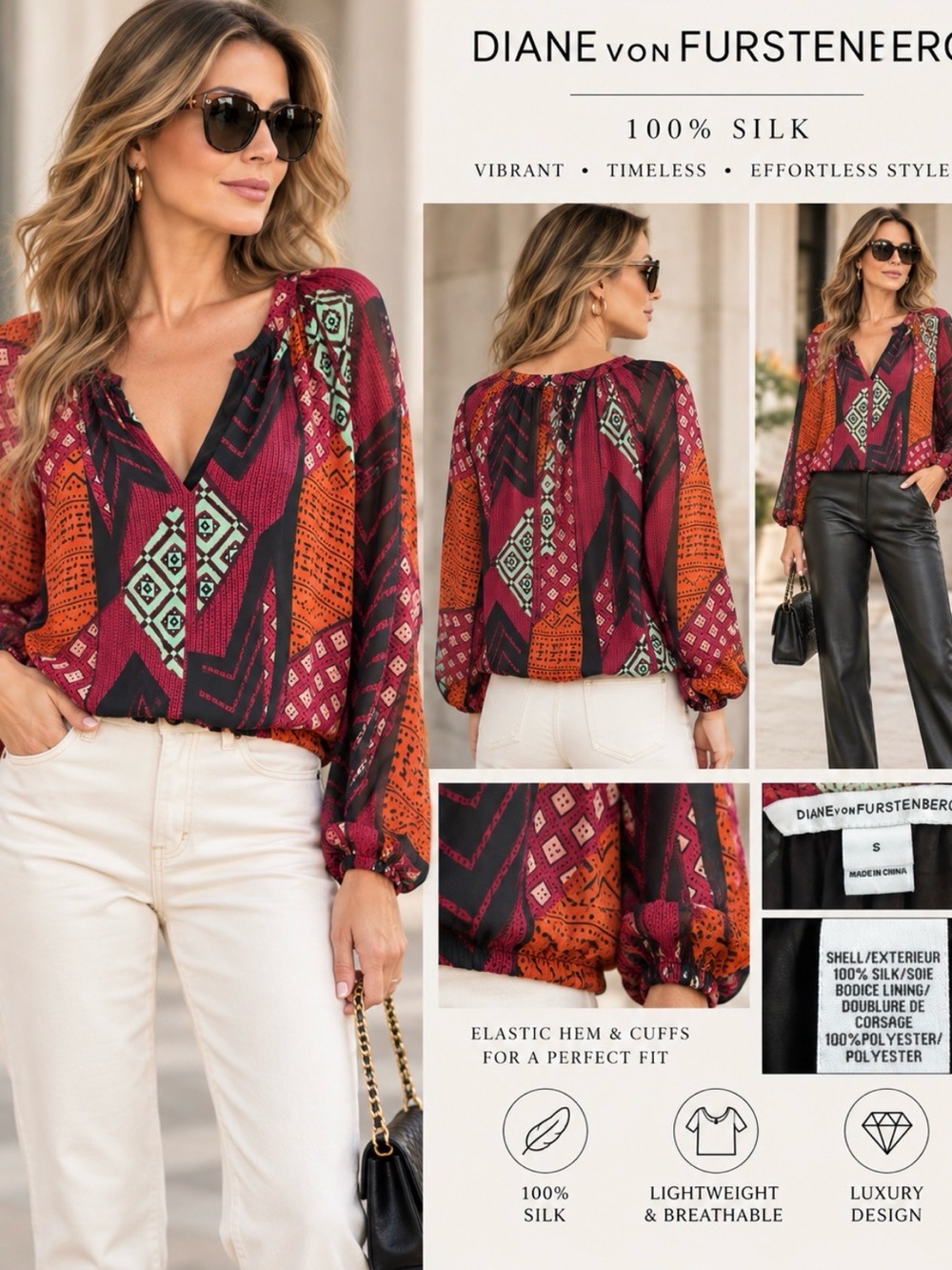 Diane von Furstenberg Burgundy Multi Silk V-Neck Geometric Blouse